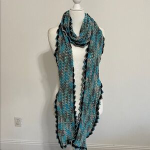Handmade Crochet Scarf with Turquoise Blue and Gray Accents